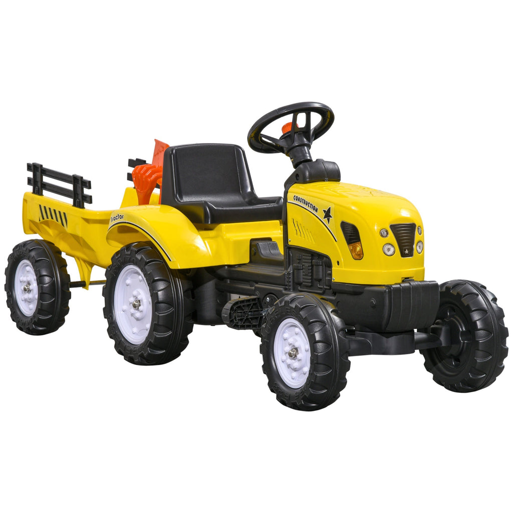Aosom Kids Ride on Farm Tractor, Manual Pedal Ride on Car with Back Storage Trailer, Shovel & Rake, Horn for Age 3 Years Old, Yellow