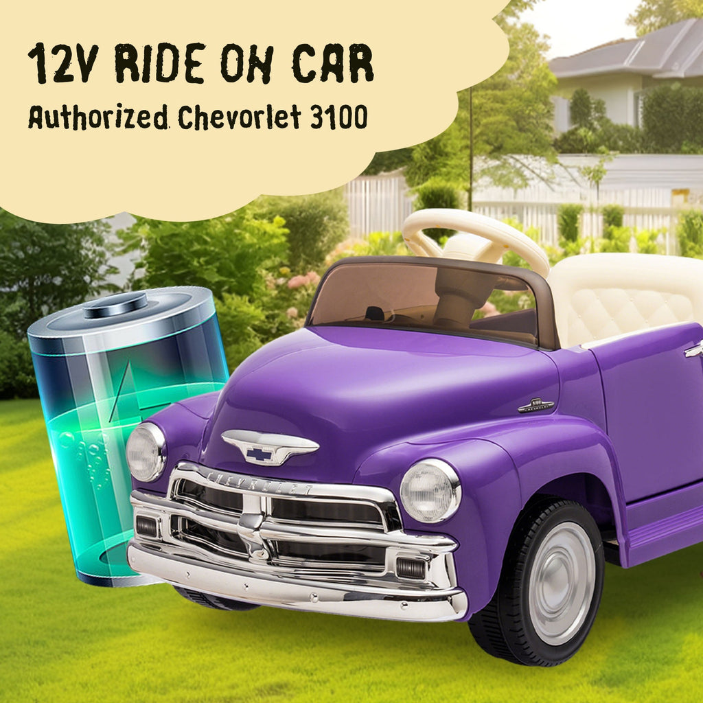 12V Kids Ride On truck car w/parents control, Licensed Chevrolet 3100 pickup,electric car for kid,Vintage modeling,3 speeds,LED Lights,Bluetooth,USB,High-power up to 3.11 MPH,age 3+