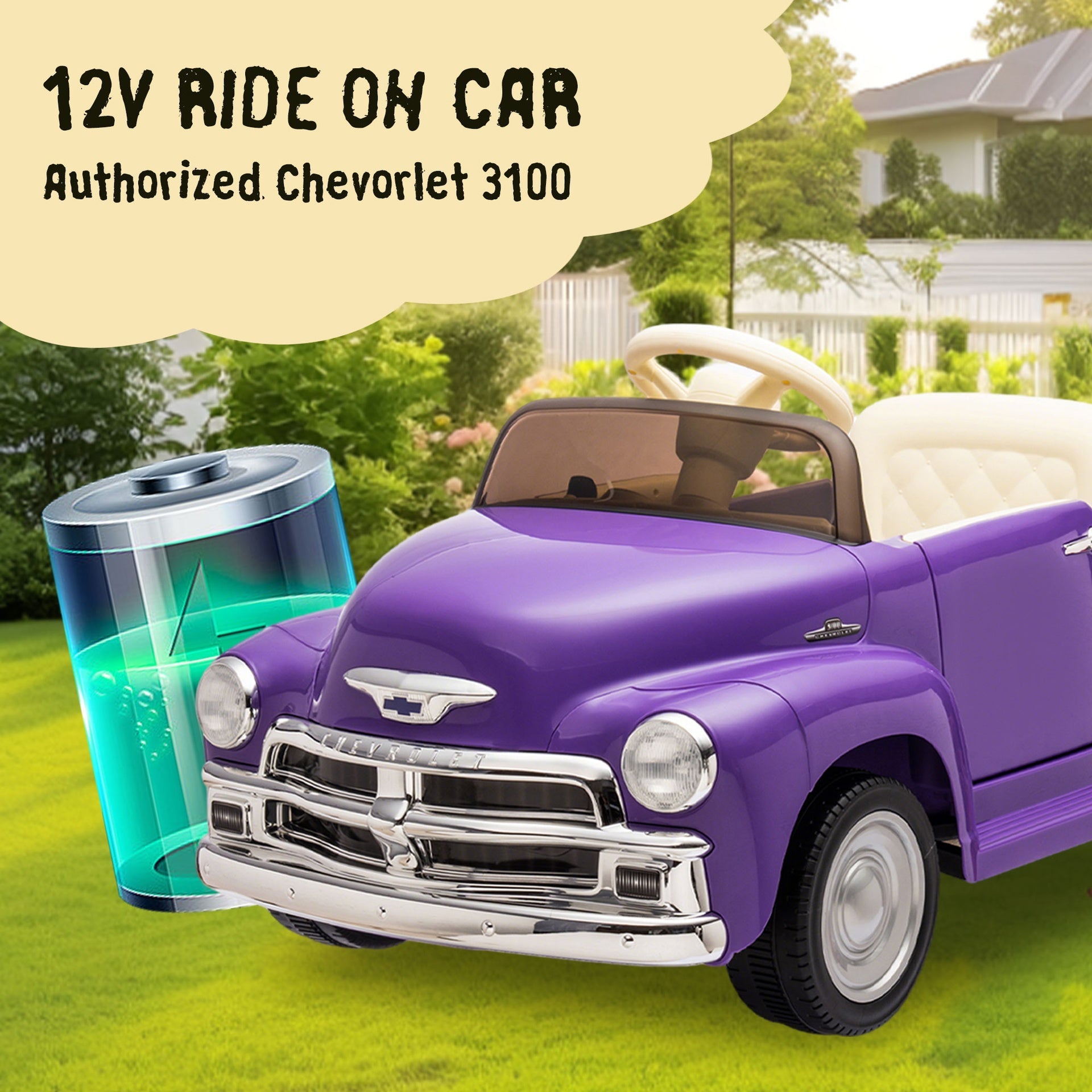 12V Kids Ride On truck car w/parents control, Licensed Chevrolet 3100 pickup,electric car for kid,Vintage modeling,3 speeds,LED Lights,Bluetooth,USB,High-power up to 3.11 MPH,age 3+