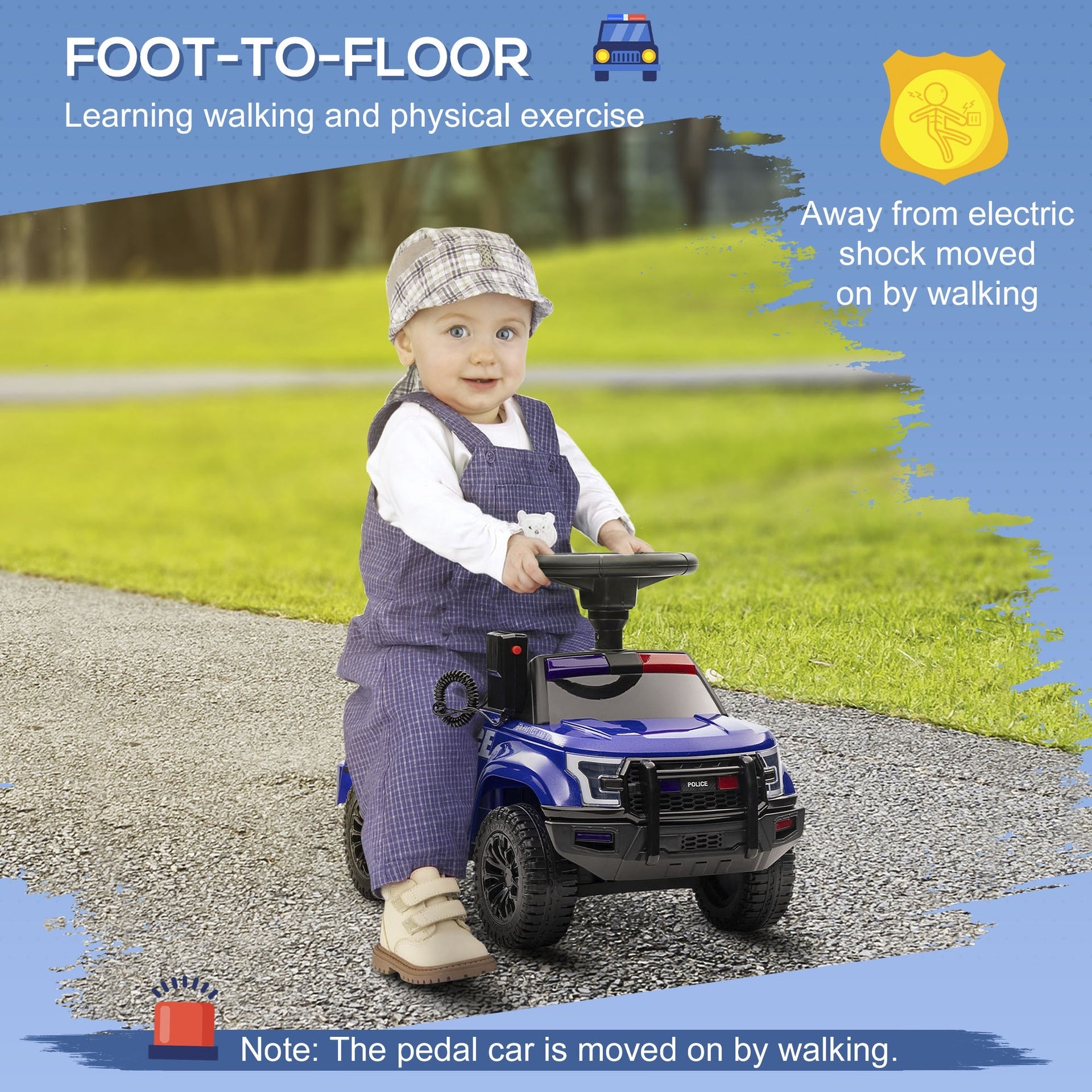 Aosom Kids Push Ride On Car with Working PA System and Horn, Police Truck Style  Foot-to-Floor Sliding Car for Boys and Girls with Under-Seat Storage, for 18 Months to 5 Years Old, Blue