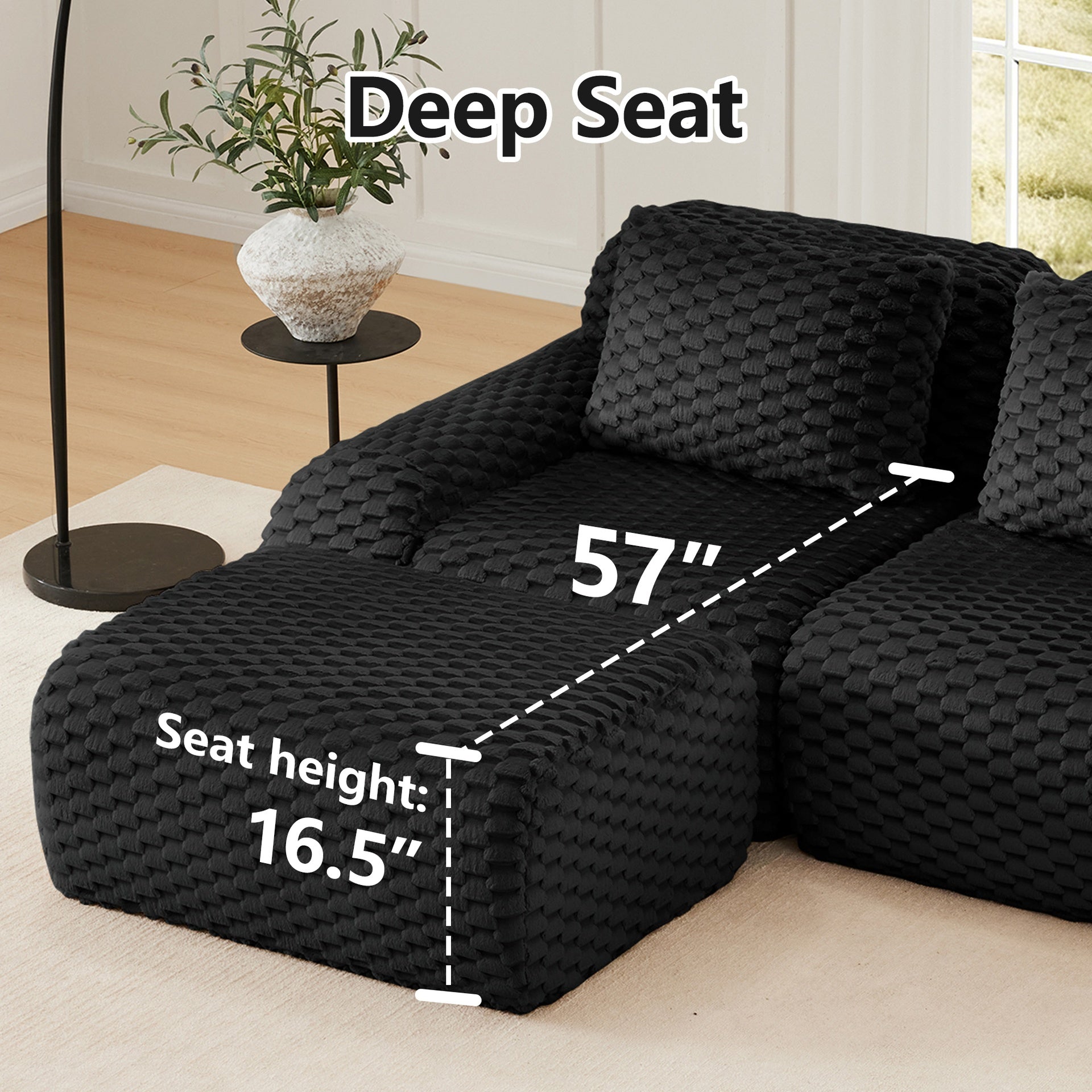 114" Modern L-Shaped Modular Sectional Sofa for Living Room,Flannelette Fabric,Oversized 3-Seater Couch,Deep Seat,Boneless sofa,Movable Ottoman,Buckle connection,Anti-slip Design,No Assembly,Black