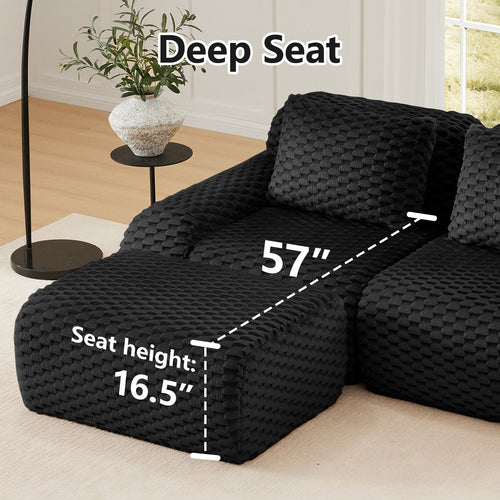 114" Modern L-Shaped Modular Sectional Sofa for Living Room,Flannelette Fabric,Oversized 3-Seater Couch,Deep Seat,Boneless sofa,Movable Ottoman,Buckle connection,Anti-slip Design,No Assembly,Black