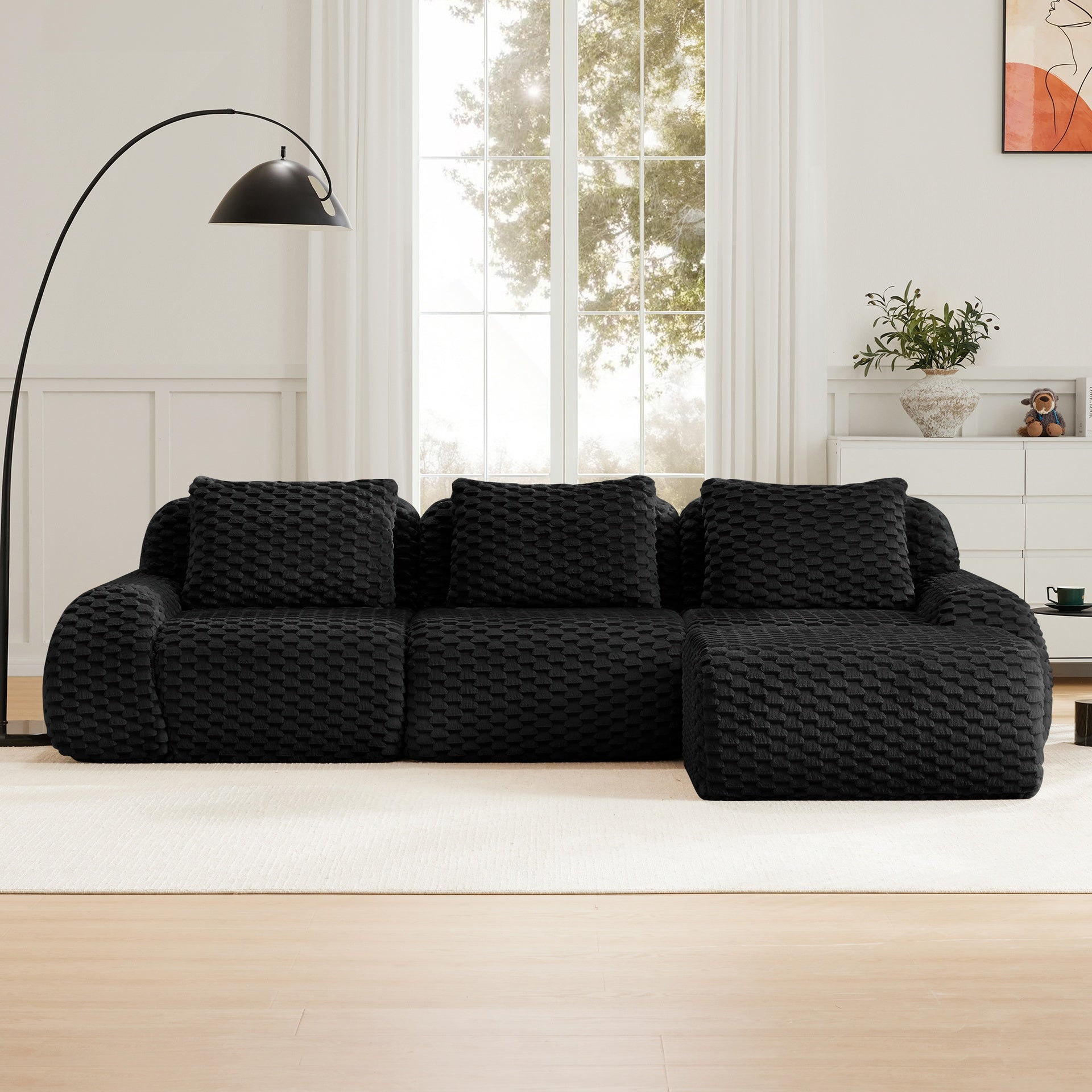 114" Modern L-Shaped Modular Sectional Sofa for Living Room,Flannelette Fabric,Oversized 3-Seater Couch,Deep Seat,Boneless sofa,Movable Ottoman,Buckle connection,Anti-slip Design,No Assembly,Black