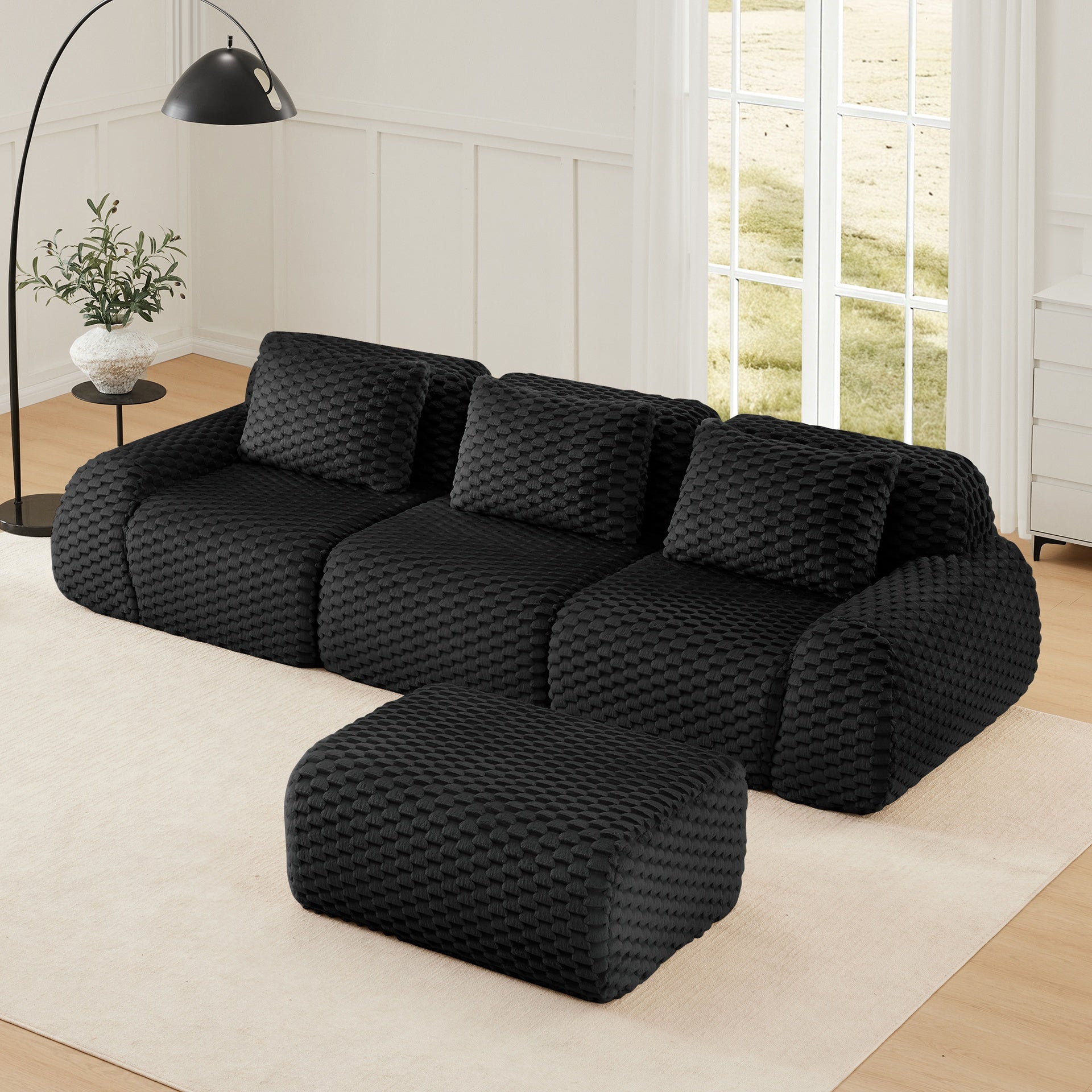 114" Modern L-Shaped Modular Sectional Sofa for Living Room,Flannelette Fabric,Oversized 3-Seater Couch,Deep Seat,Boneless sofa,Movable Ottoman,Buckle connection,Anti-slip Design,No Assembly,Black
