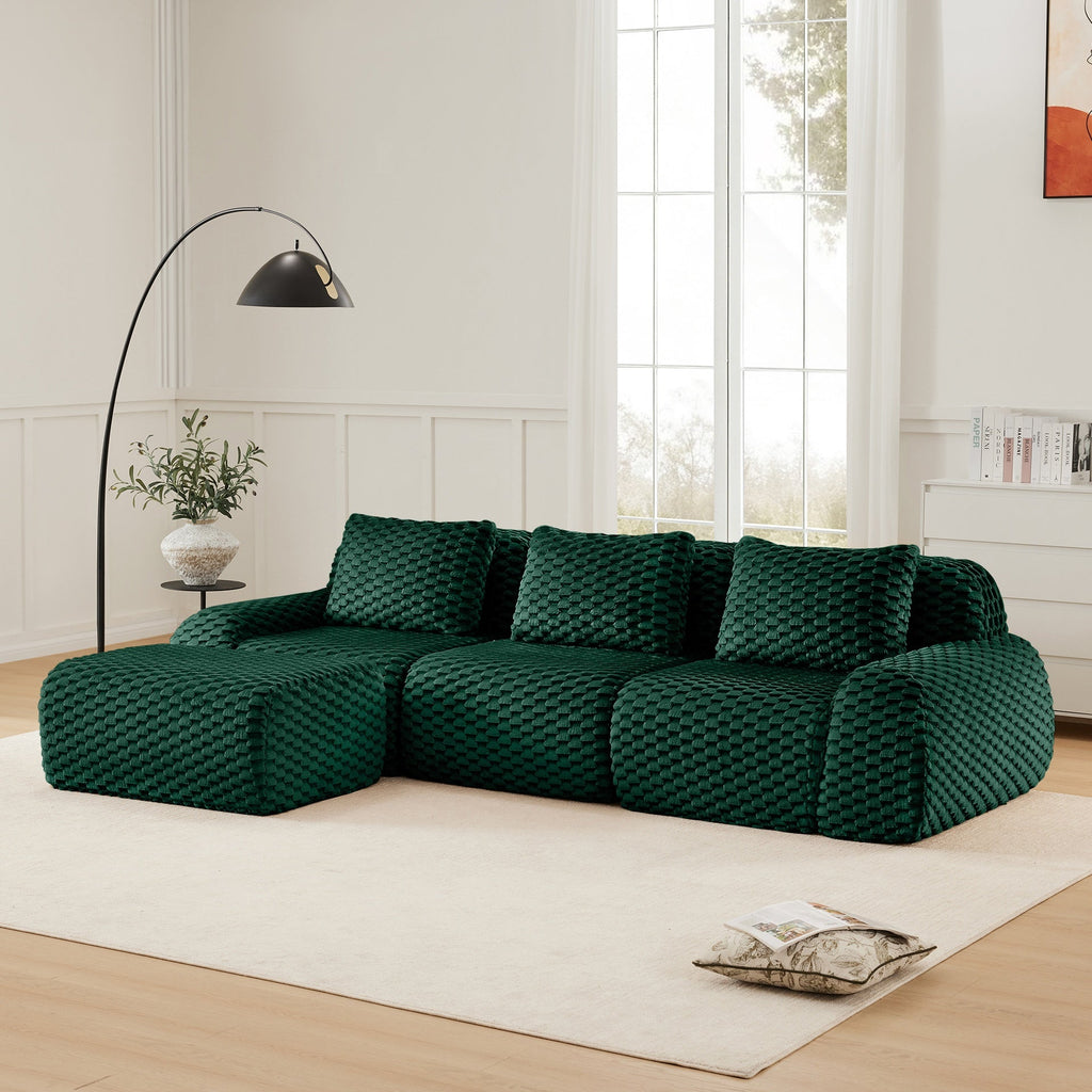 114" Modern L-Shaped Modular Sectional Sofa for Living Room,Flannelette Fabric,Oversized 3-Seater Couch,Deep Seat,Boneless sofa,Movable Ottoman,Buckle connection,Anti-slip Design,No Assembly,Green