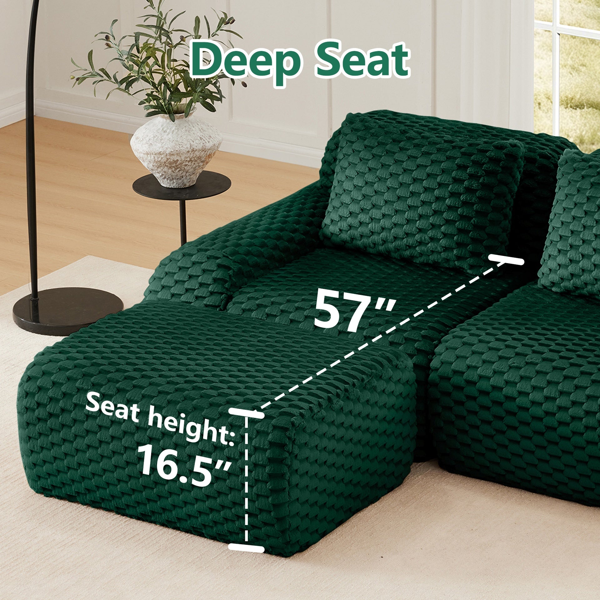 114" Modern L-Shaped Modular Sectional Sofa for Living Room,Flannelette Fabric,Oversized 3-Seater Couch,Deep Seat,Boneless sofa,Movable Ottoman,Buckle connection,Anti-slip Design,No Assembly,Green