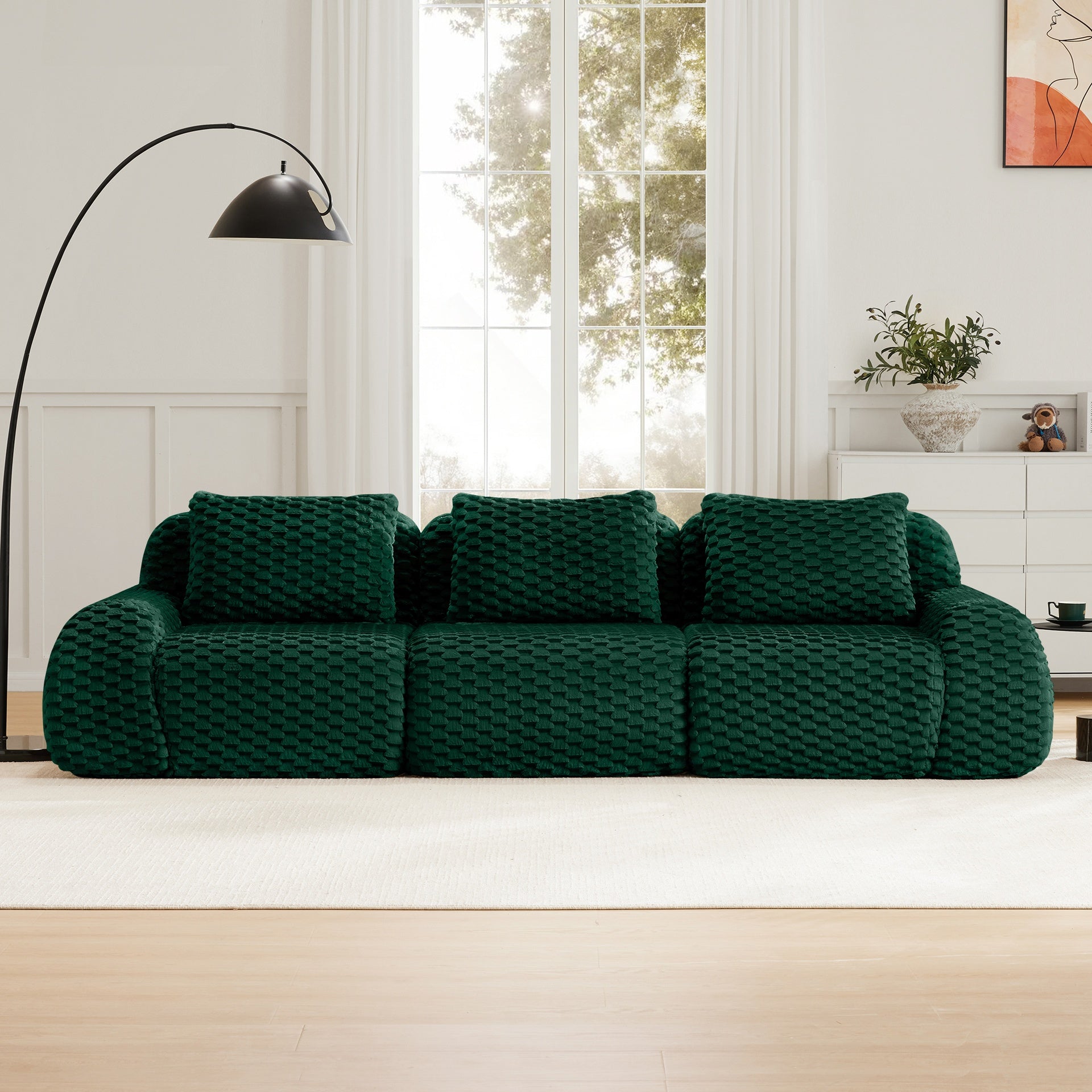 114" Modern Modular Sectional Sofa for Living Room,Flannelette Fabric,Oversized 3-Seater Couch,,Deep Seat,Deep Seat,Boneless sofa,Buckle connection,Anti-slip Design,No Assembly,Green