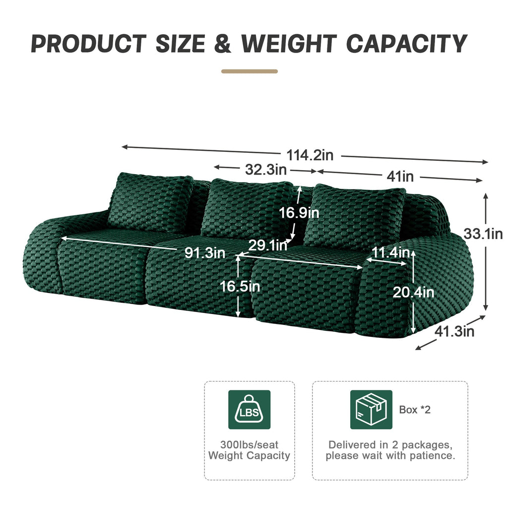 114" Modern Modular Sectional Sofa for Living Room,Flannelette Fabric,Oversized 3-Seater Couch,,Deep Seat,Deep Seat,Boneless sofa,Buckle connection,Anti-slip Design,No Assembly,Green