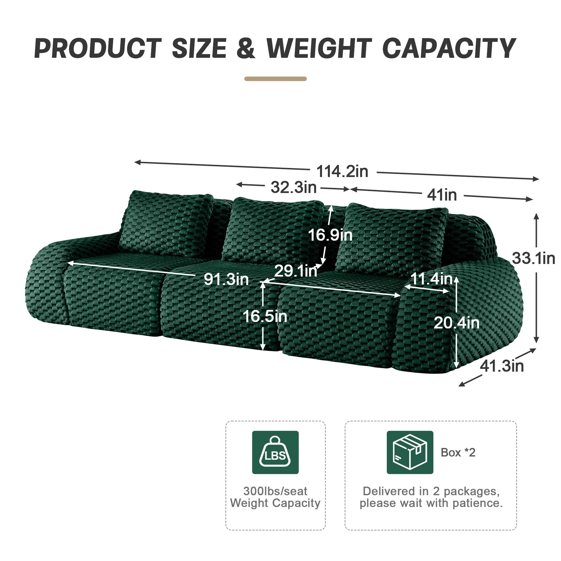 114" Modern Modular Sectional Sofa for Living Room,Flannelette Fabric,Oversized 3-Seater Couch,,Deep Seat,Deep Seat,Boneless sofa,Buckle connection,Anti-slip Design,No Assembly,Green