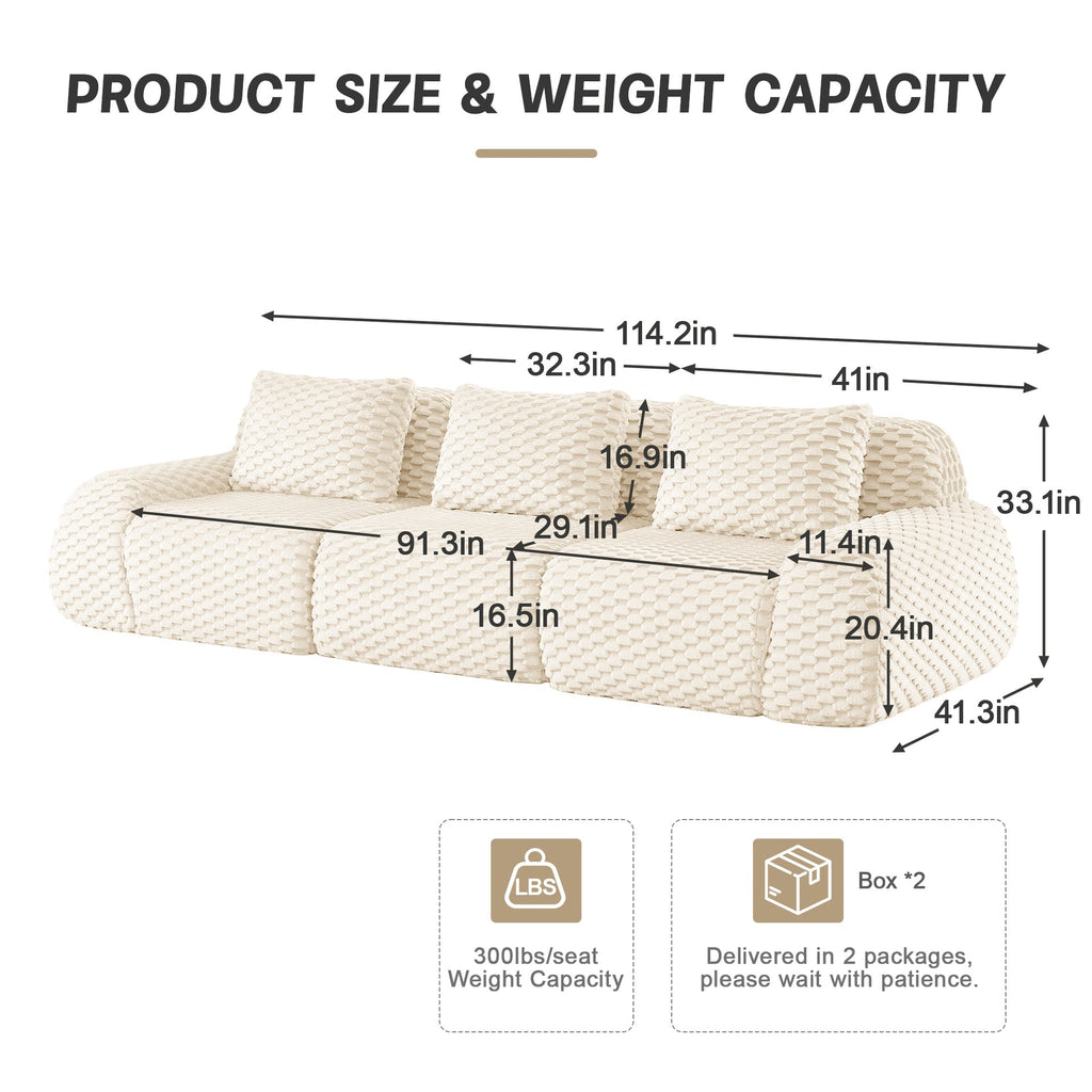 114" Modern Modular Sectional Sofa for Living Room,Flannelette Fabric,Oversized 3-Seater Couch,boneless sofa,Deep Seat,Buckle connection,Anti-slip Design,No Assembly,Cream