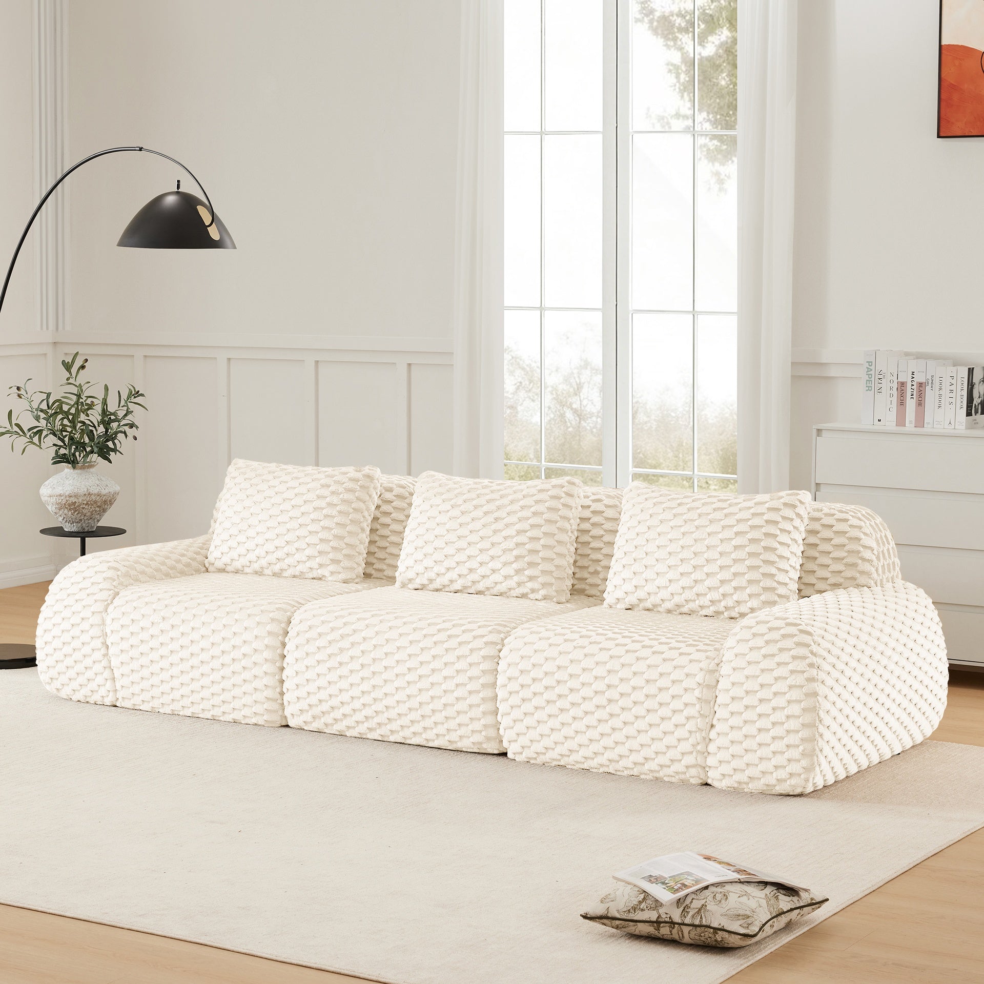 114" Modern Modular Sectional Sofa for Living Room,Flannelette Fabric,Oversized 3-Seater Couch,boneless sofa,Deep Seat,Buckle connection,Anti-slip Design,No Assembly,Cream