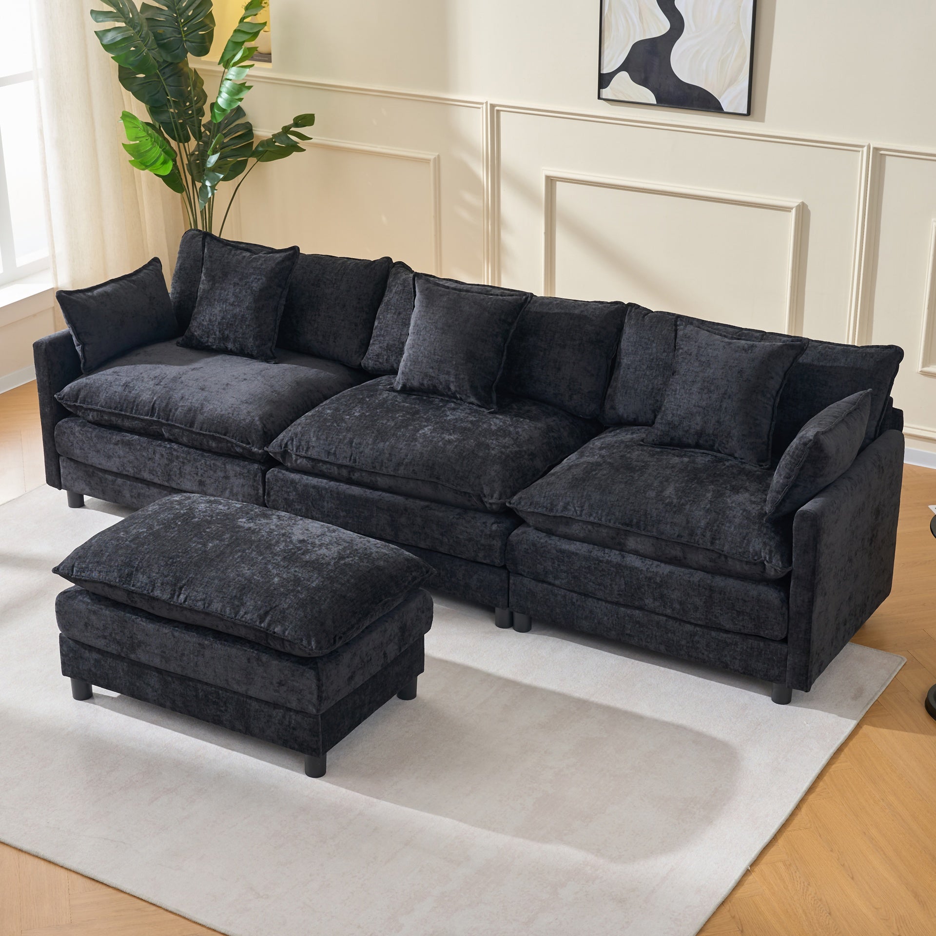 108" L Shaped Modern Sofa Modular Sectional Cloud Couch with Ottoman, 4-Seat Chenille Deep Seat Sofa with Pillow for Living Room, Bedroom and Apartment