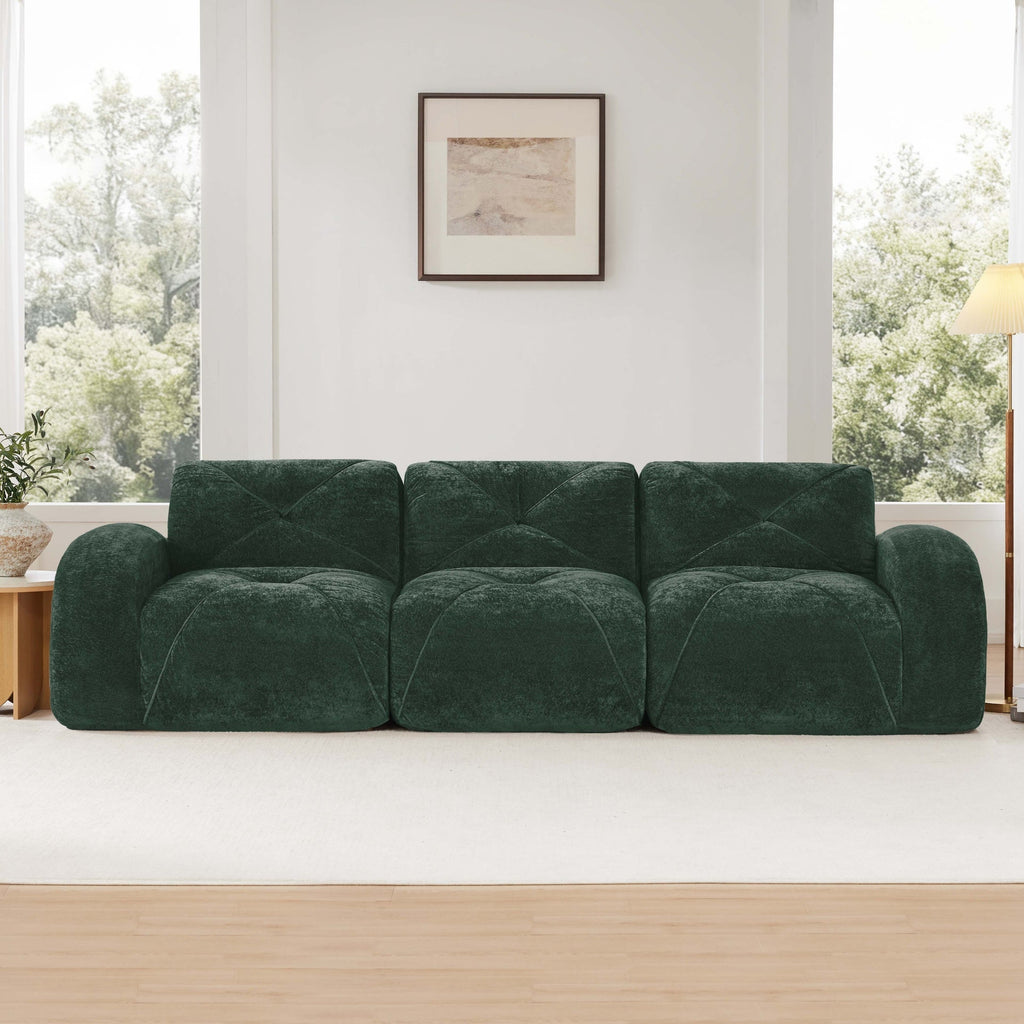 110''Boneless Sofa With Tufted,Soft Velvet  Fabric,Modular Sectional Sofa Couches,32D High Density Sponge,Anti-Slip Design,Ergonomic Design Bottom,No Assembly Required,For Study,Home Theater,Green