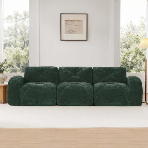 110''Boneless Sofa With Tufted,Soft Velvet  Fabric,Modular Sectional Sofa Couches,32D High Density Sponge,Anti-Slip Design,Ergonomic Design Bottom,No Assembly Required,For Study,Home Theater,Green