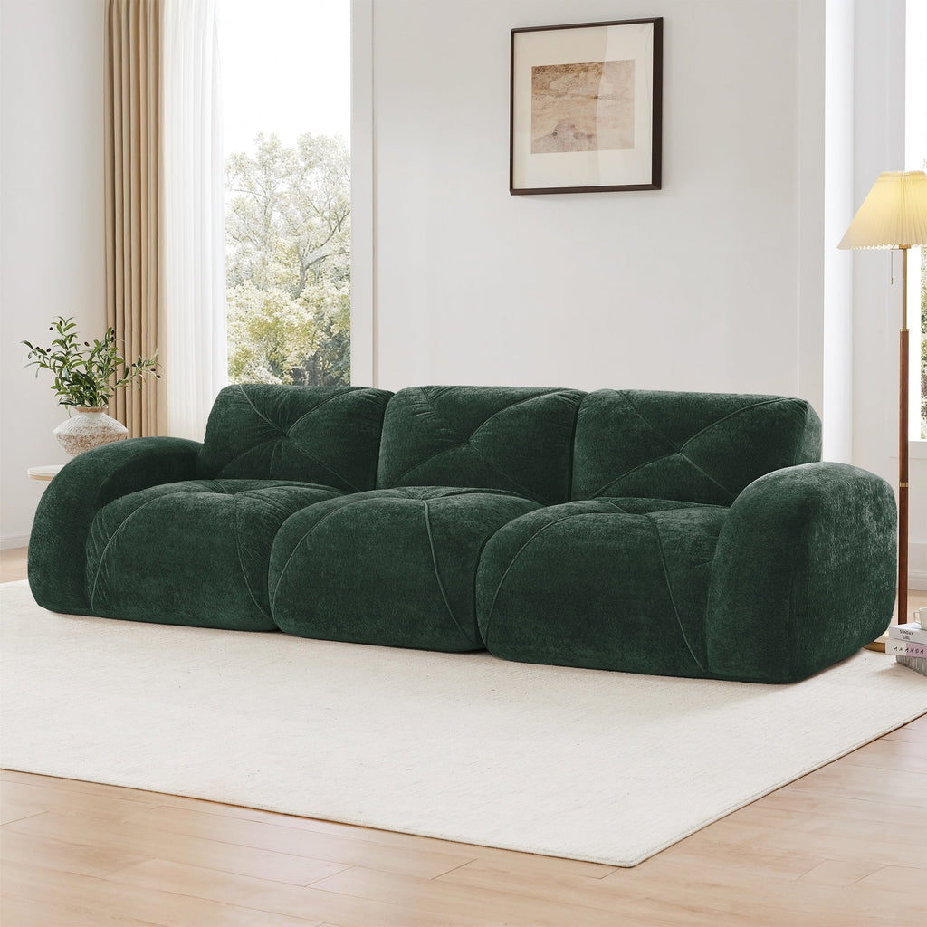 110''Boneless Sofa With Tufted,Soft Velvet  Fabric,Modular Sectional Sofa Couches,32D High Density Sponge,Anti-Slip Design,Ergonomic Design Bottom,No Assembly Required,For Study,Home Theater,Green