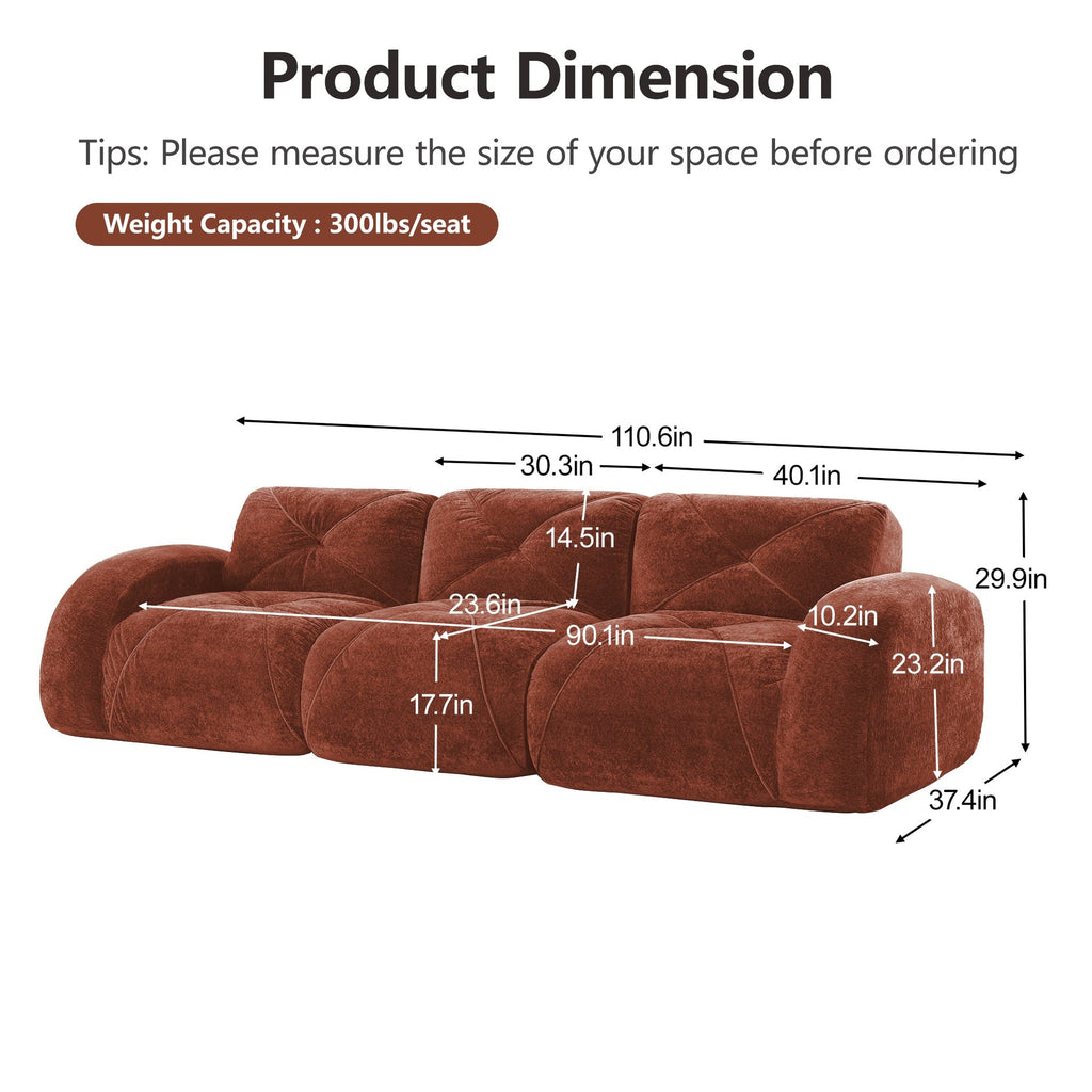 110''Boneless Sofa With Tufted,Soft Velvet  Fabric,Modular Sectional Sofa Couches,32D High Density Sponge,Anti-Slip Design,Ergonomic Design Bottom,No Assembly Required,For Study,Home Theater,Red Brown