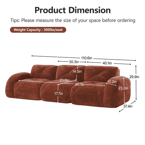 110''Boneless Sofa With Tufted,Soft Velvet  Fabric,Modular Sectional Sofa Couches,32D High Density Sponge,Anti-Slip Design,Ergonomic Design Bottom,No Assembly Required,For Study,Home Theater,Red Brown