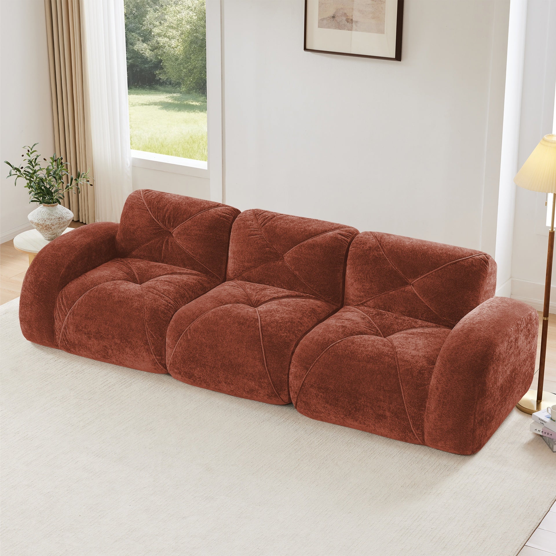 110''Boneless Sofa With Tufted,Soft Velvet  Fabric,Modular Sectional Sofa Couches,32D High Density Sponge,Anti-Slip Design,Ergonomic Design Bottom,No Assembly Required,For Study,Home Theater,Red Brown