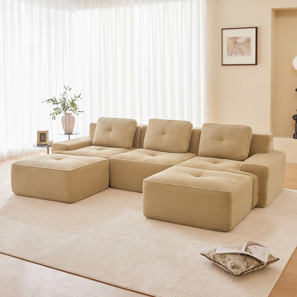 117" Modern U-Shaped Modular Sectional Sofa for Living Room, Corduroy Fabric, 3-Seater Couch with Deep Seat and Movable Ottoman,Pearl-like piping, Tufted Design,No Assembly, Anti-slip Design,Camel