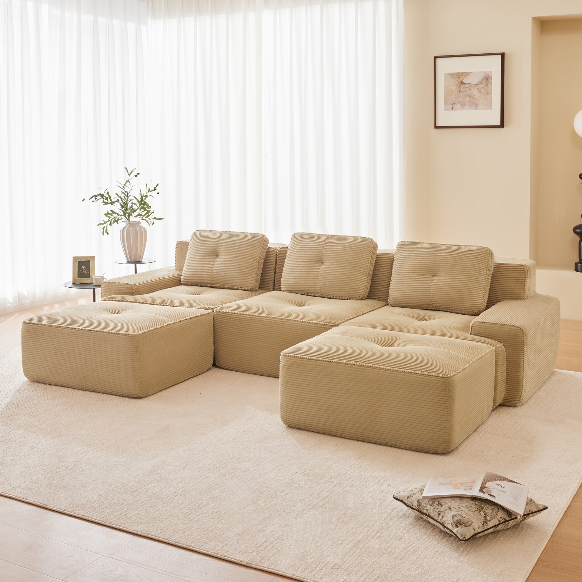 117" Modern U-Shaped Modular Sectional Sofa for Living Room, Corduroy Fabric, 3-Seater Couch with Deep Seat and Movable Ottoman,Pearl-like piping, Tufted Design,No Assembly, Anti-slip Design,Camel