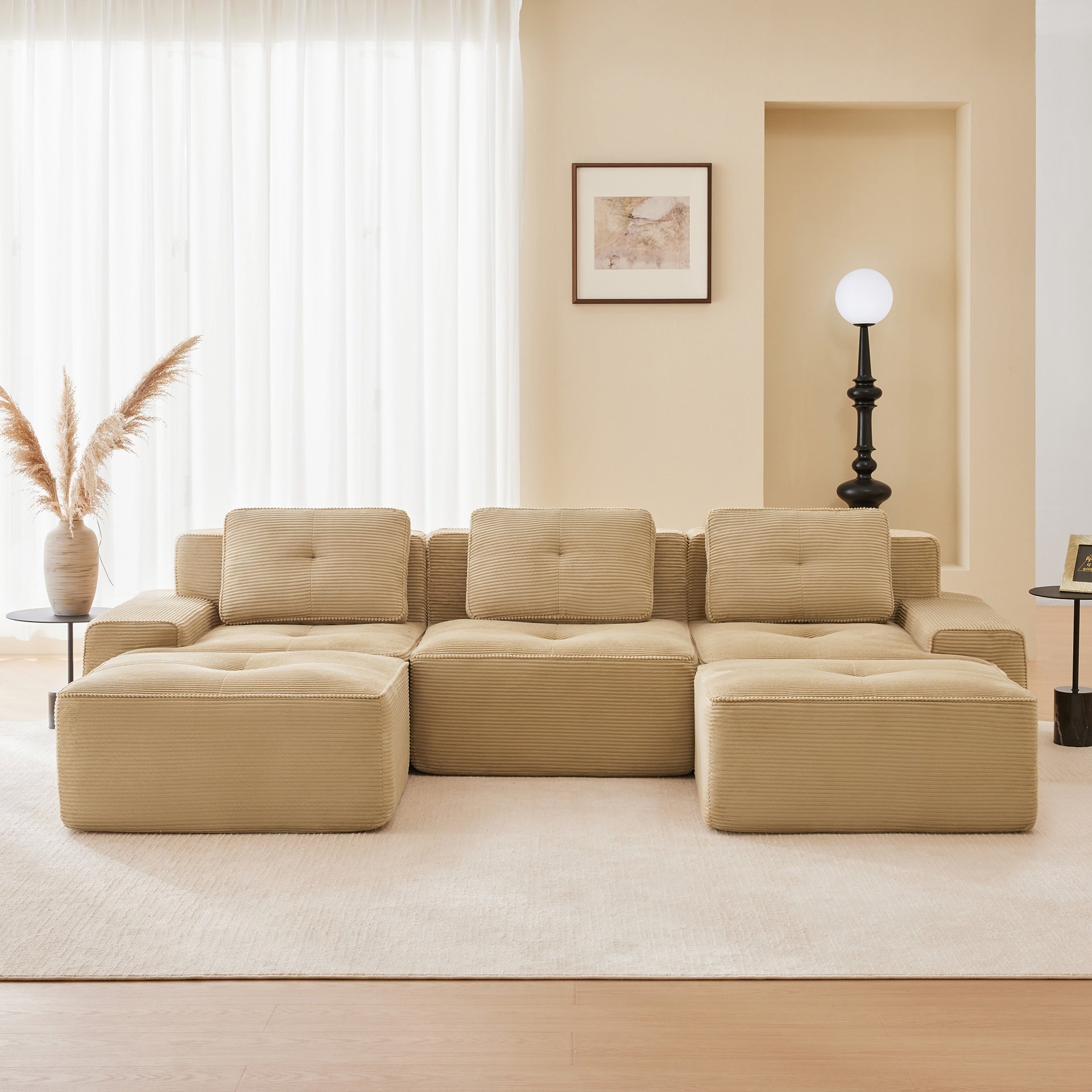 117" Modern U-Shaped Modular Sectional Sofa for Living Room, Corduroy Fabric, 3-Seater Couch with Deep Seat and Movable Ottoman,Pearl-like piping, Tufted Design,No Assembly, Anti-slip Design,Camel