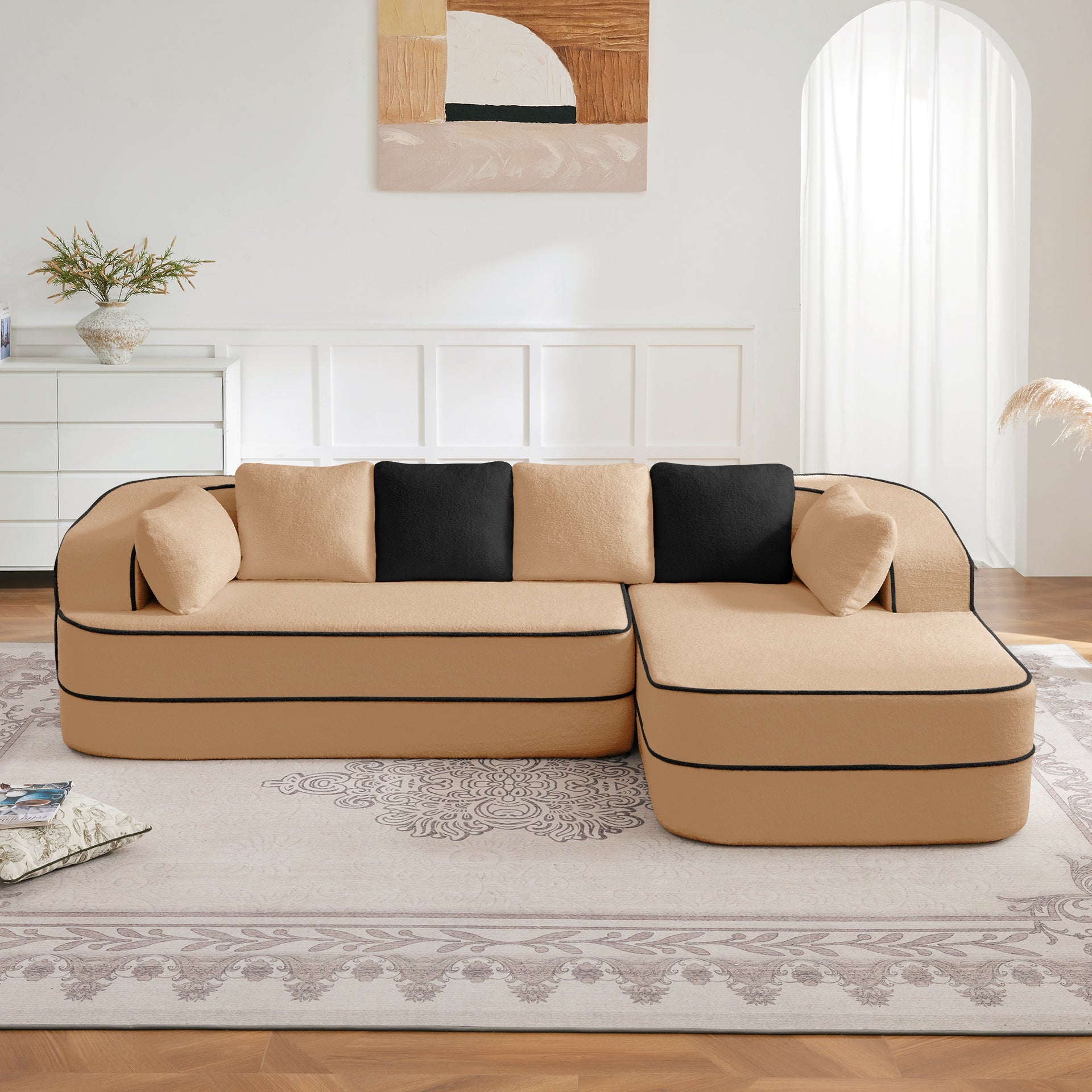 106" Teddy Fabric No Assembly 32D Boneless Sofa,Contrast color design,Fluffy Comfy Couch with L-Shaped Chaise,for Living Room,Camel