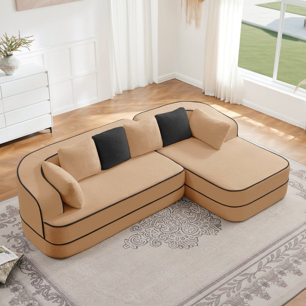 106" Teddy Fabric No Assembly 32D Boneless Sofa,Contrast color design,Fluffy Comfy Couch with L-Shaped Chaise,for Living Room,Camel