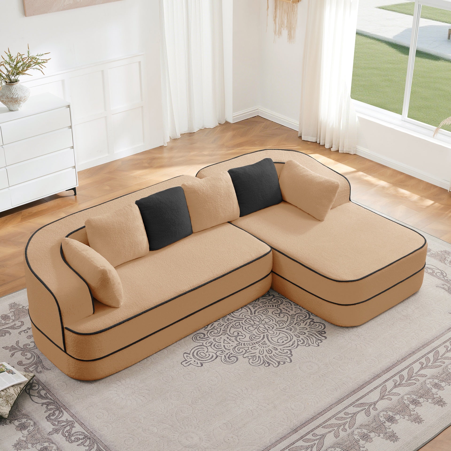 106" Teddy Fabric No Assembly 32D Boneless Sofa,Contrast color design,Fluffy Comfy Couch with L-Shaped Chaise,for Living Room,Camel