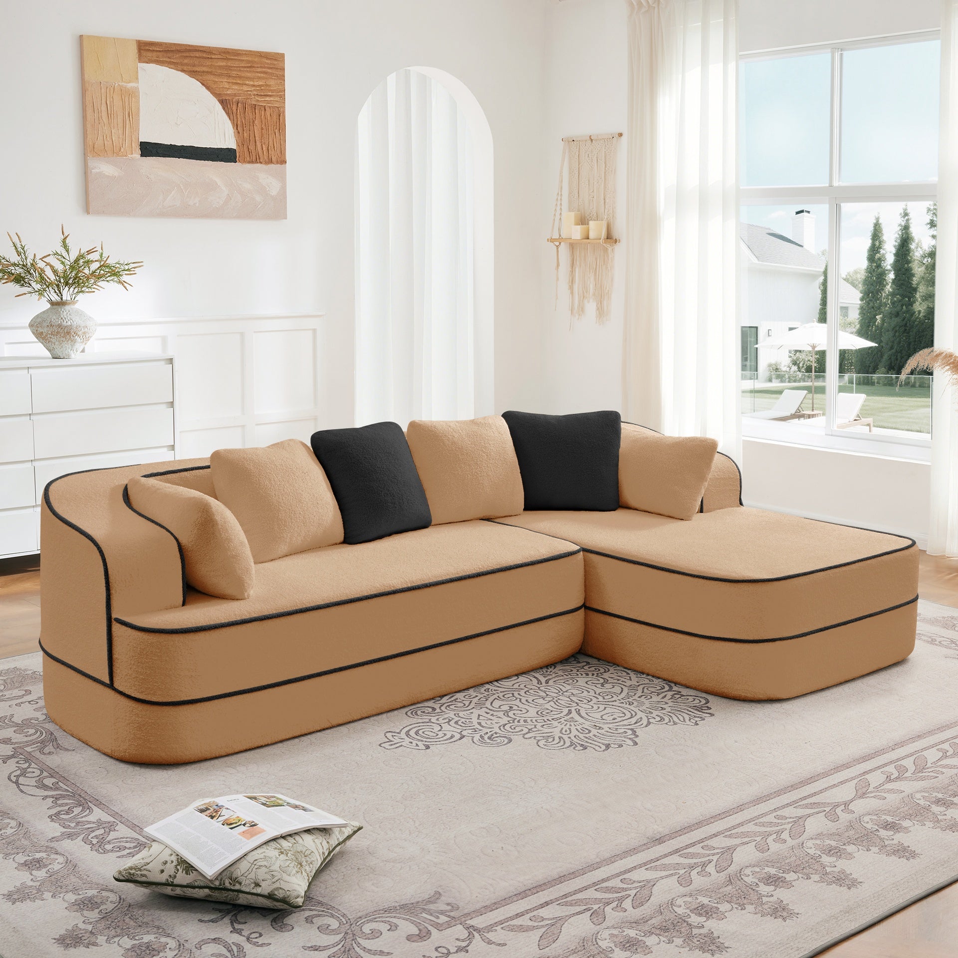 106" Teddy Fabric No Assembly 32D Boneless Sofa,Contrast color design,Fluffy Comfy Couch with L-Shaped Chaise,for Living Room,Camel