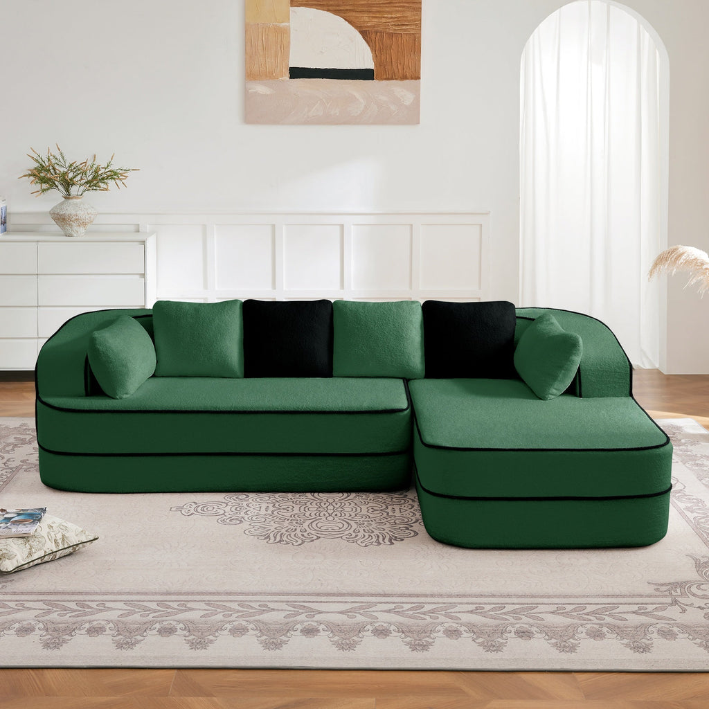 106" Teddy Fabric No Assembly 32D Boneless Sofa,Contrast color design,Fluffy Comfy Couch with L-Shaped Chaise,for Living Room,Green