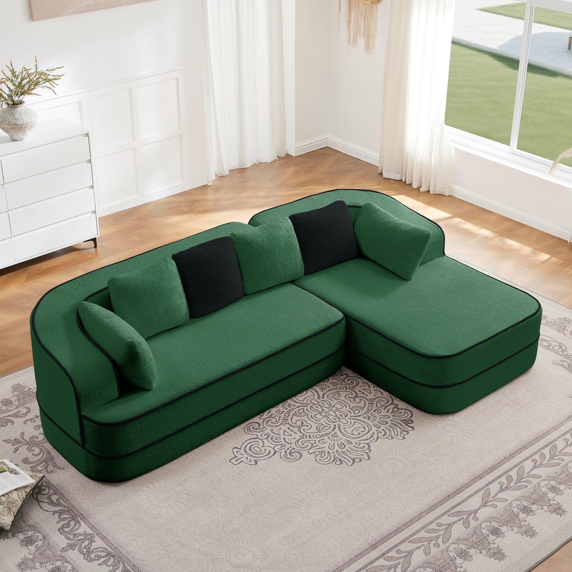 106" Teddy Fabric No Assembly 32D Boneless Sofa,Contrast color design,Fluffy Comfy Couch with L-Shaped Chaise,for Living Room,Green