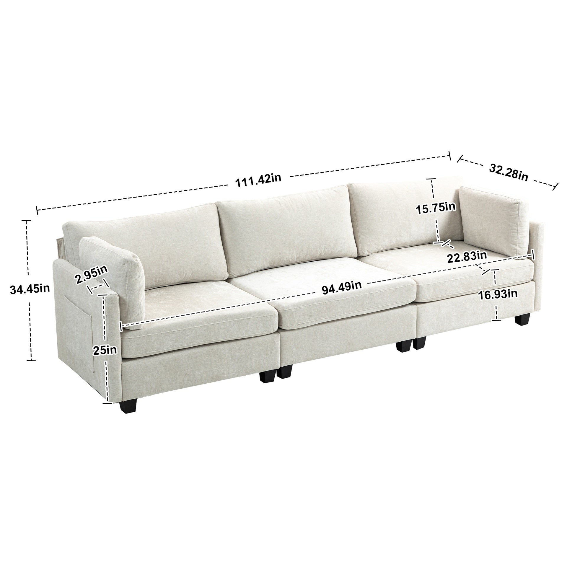 111.42*32.28" XXXL 3-Seater Chenille Deep Sofa,Comfy 3-Seater Chenille Fabric Couch,Conforms to body curves,Cloud-soft sitting,with ultra-soft cushions&Side Pocket for Living Room,Apartment,Office.