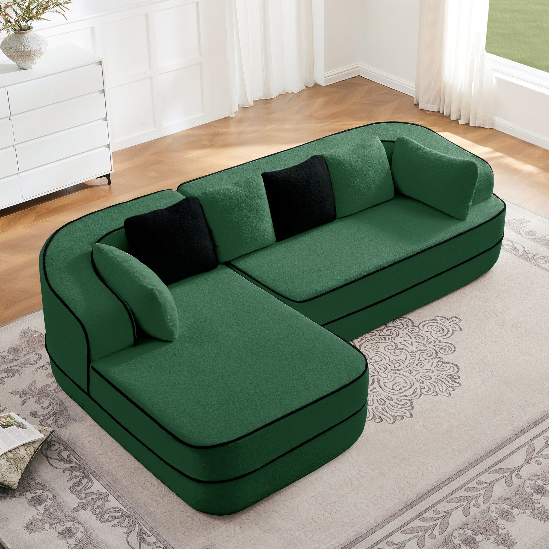 106" Teddy Fabric No Assembly 32D High Density sponge Boneless Sofa,Contrast color design,Fluffy Comfy Couch with L-Shaped Chaise,for Living Room,Green