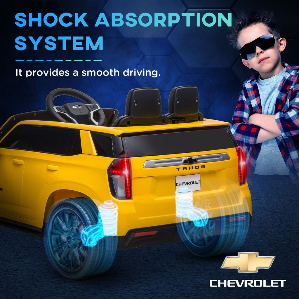 Aosom Chevrolet TAHOE Licensed Kids Ride on Car, 12V Battery Powered Kids Electric Car with Remote Control, 4-wheeler Suspension, Music, Lights, Horn, for Ages 3-6 Years Old, Yellow