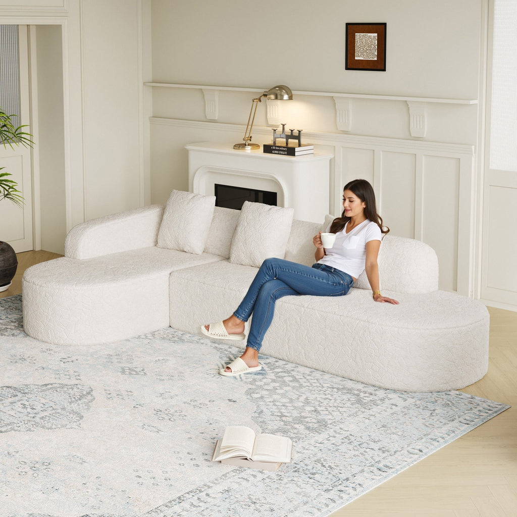 111.8-inch L-shaped curved modular sofa, modern design featuring lychee-textured long-pile polyester fabric, curved backrest with three pillows