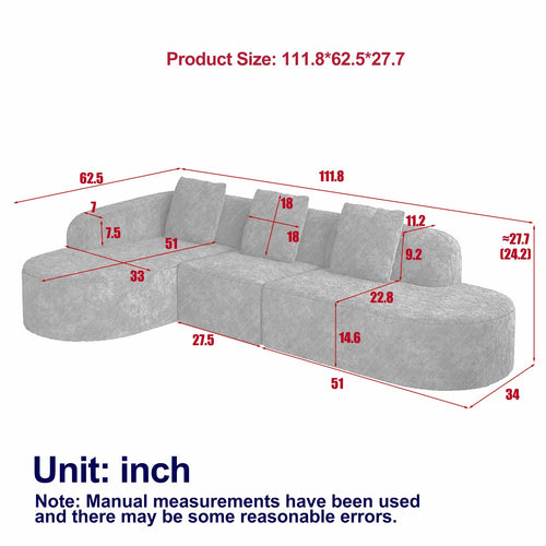 111.8-inch L-shaped curved modular sofa, modern design featuring lychee-textured long-pile polyester fabric, curved backrest with three pillows