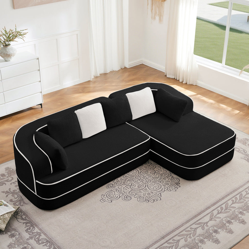 106" Teddy Fabric No Assembly 32D Boneless Sofa,Contrast color design,Fluffy Comfy Couch with L-Shaped Chaise,for Living Room,Black
