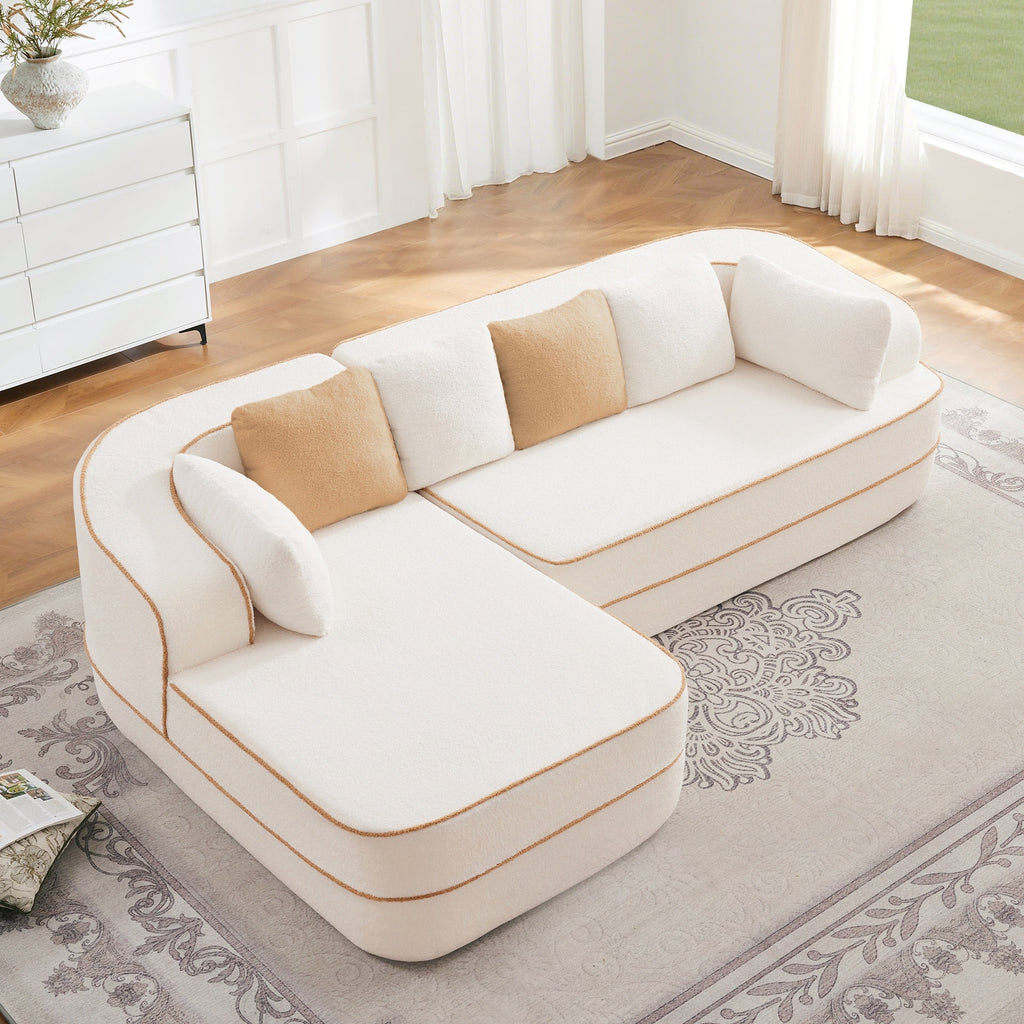 106" Teddy Fabric No Assembly 32D High Density sponge Boneless Sofa,Contrast color design,Fluffy Comfy Couch with L-Shaped Chaise,for Living Room,White