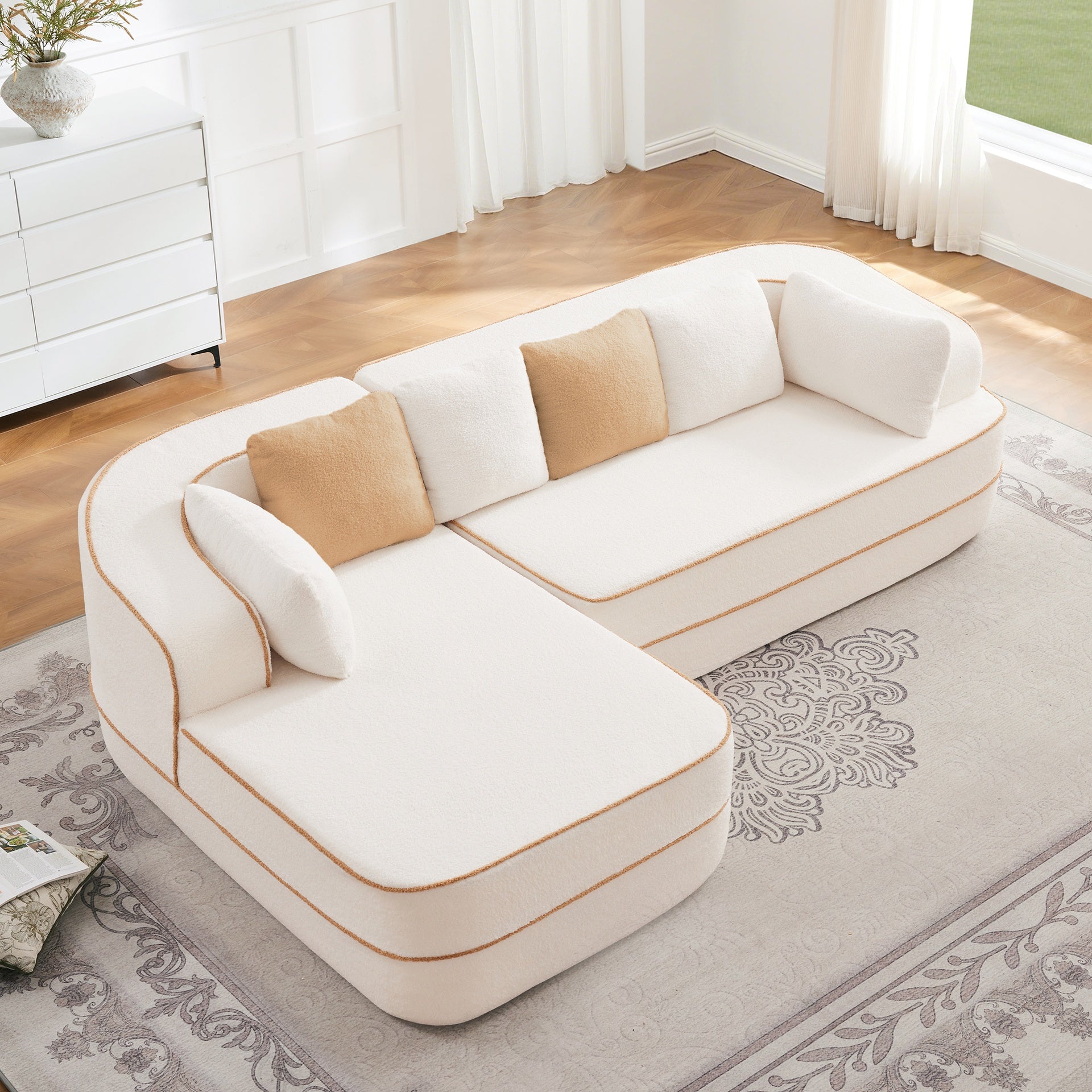 106" Teddy Fabric No Assembly 32D High Density sponge Boneless Sofa,Contrast color design,Fluffy Comfy Couch with L-Shaped Chaise,for Living Room,White