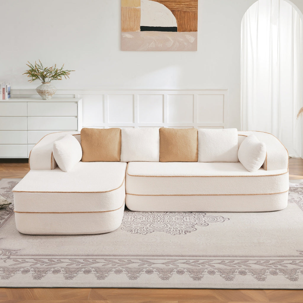 106" Teddy Fabric No Assembly 32D High Density sponge Boneless Sofa,Contrast color design,Fluffy Comfy Couch with L-Shaped Chaise,for Living Room,White