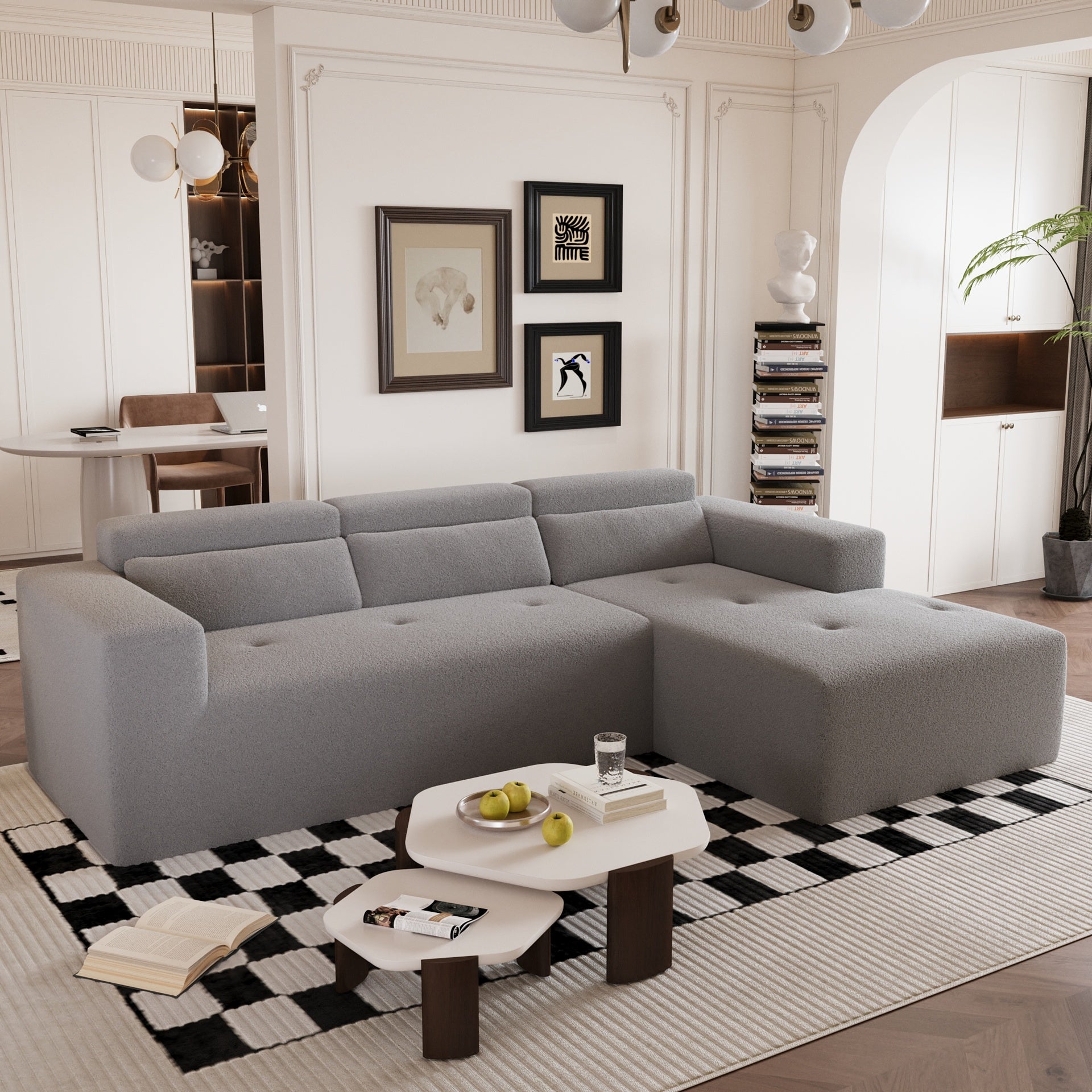 109'' Modern Modular Sectional Sofa, Teddy Fabric L Shaped Couch, 3 Seat Corner Sofa Couch, Modern Upholstered Couch with Chaise & Pillows for Living Room Apartment, No Assembly Required