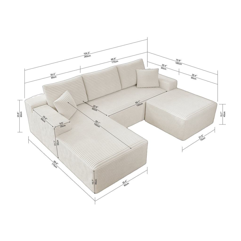 104.3*70.8"Modular sectional sofa seat,Upholstered compressed couch for living room,Bedroom,Apartment,No assembly required,3 PC free combination,Plush corduroy fabric,WHITE