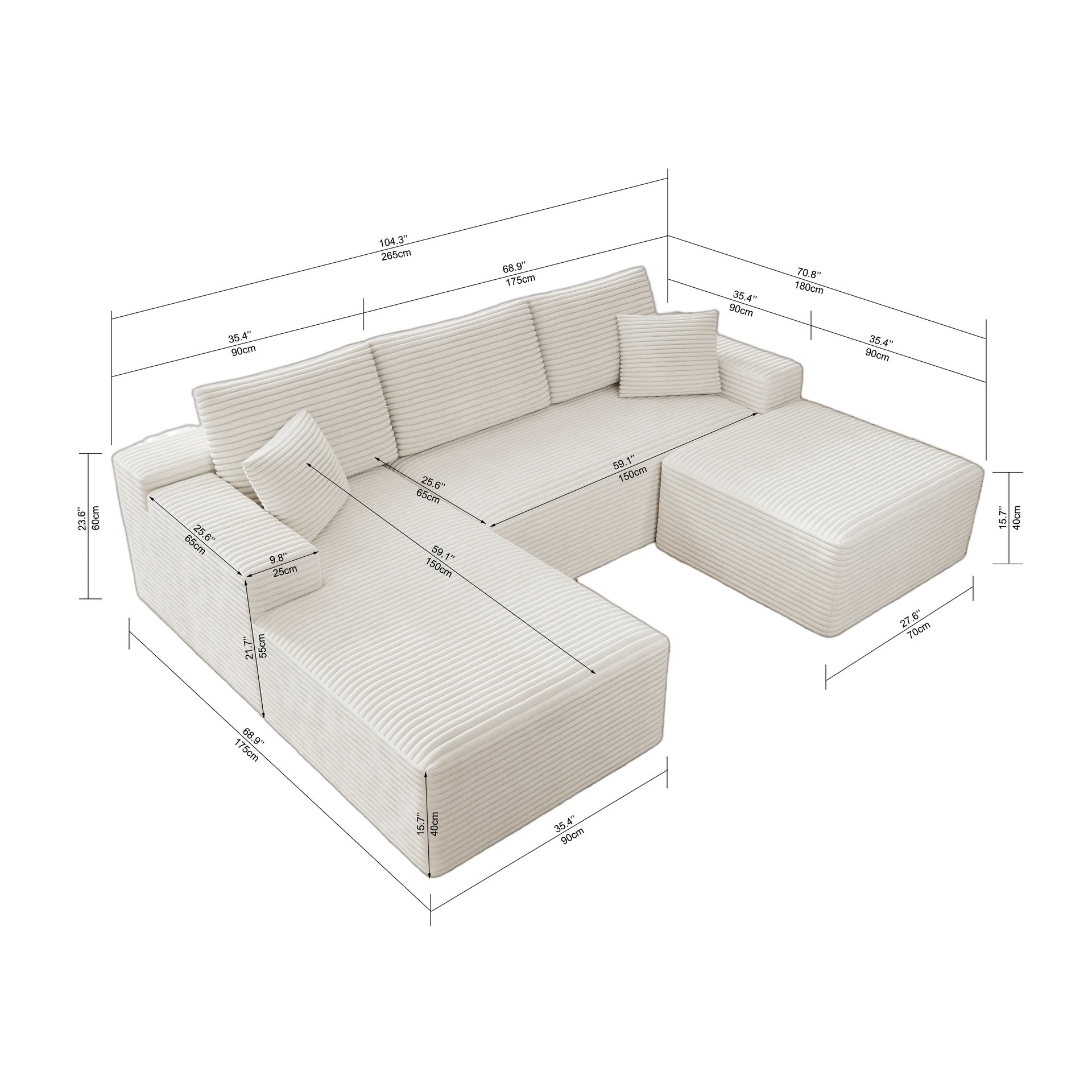 104.3*70.8"Modular sectional sofa seat,Upholstered compressed couch for living room,Bedroom,Apartment,No assembly required,3 PC free combination,Plush corduroy fabric,WHITE