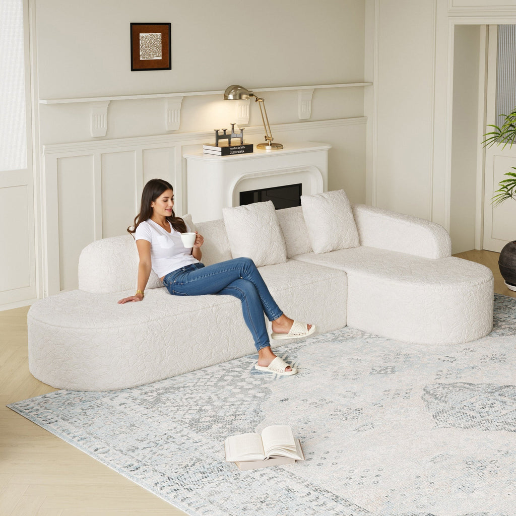 111.8-inch L-shaped curved modular sofa, modern design featuring lychee-textured long-pile polyester fabric, curved backrest with three pillows