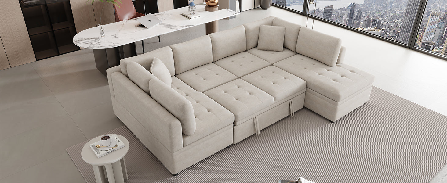 117.3" Oversized Sectional Sofa U- shaped Sofa Couch Pull-out Sofa Bed with Two Throw Pillows for Living Room, Beige