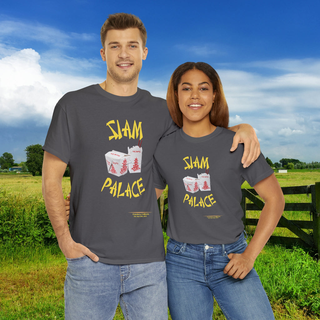 "DirkyThreadz Siam Palace T-Shirt – Mutiges Take-out-Grafikdesign aus schwarzer Baumwolle"