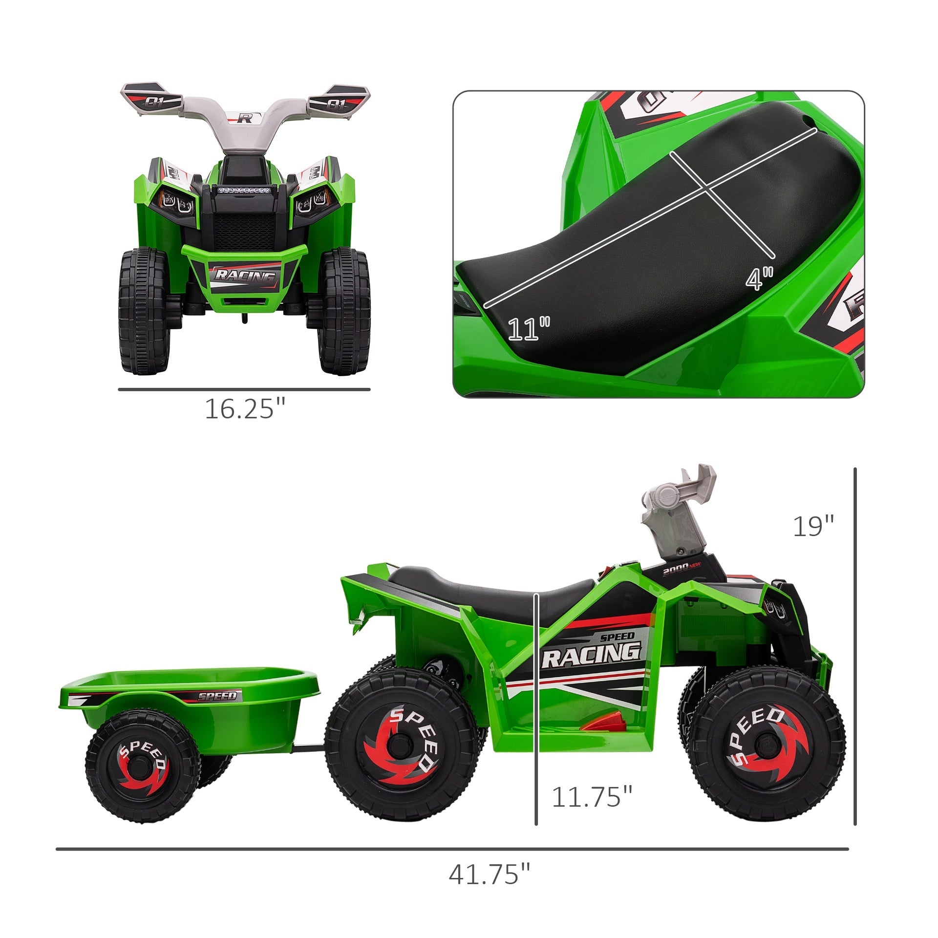 Kids ATV Quad Car with Back Trailer, 6V Kids Electric Car with Forward Backward Function, Wear-Resistant Wheels for Toddlers Ages 18-36 Months, Green