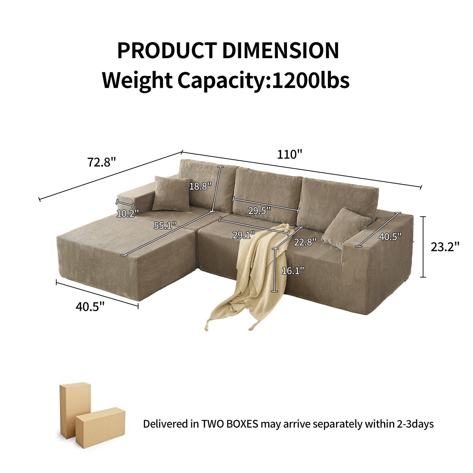 110" Cloud Modular Sectional Sofa,Boneless Couch, No Assembly, 3 seater with Ottoman & 2 Pillows, Perfect for Living Rooms and Bedrooms  grey