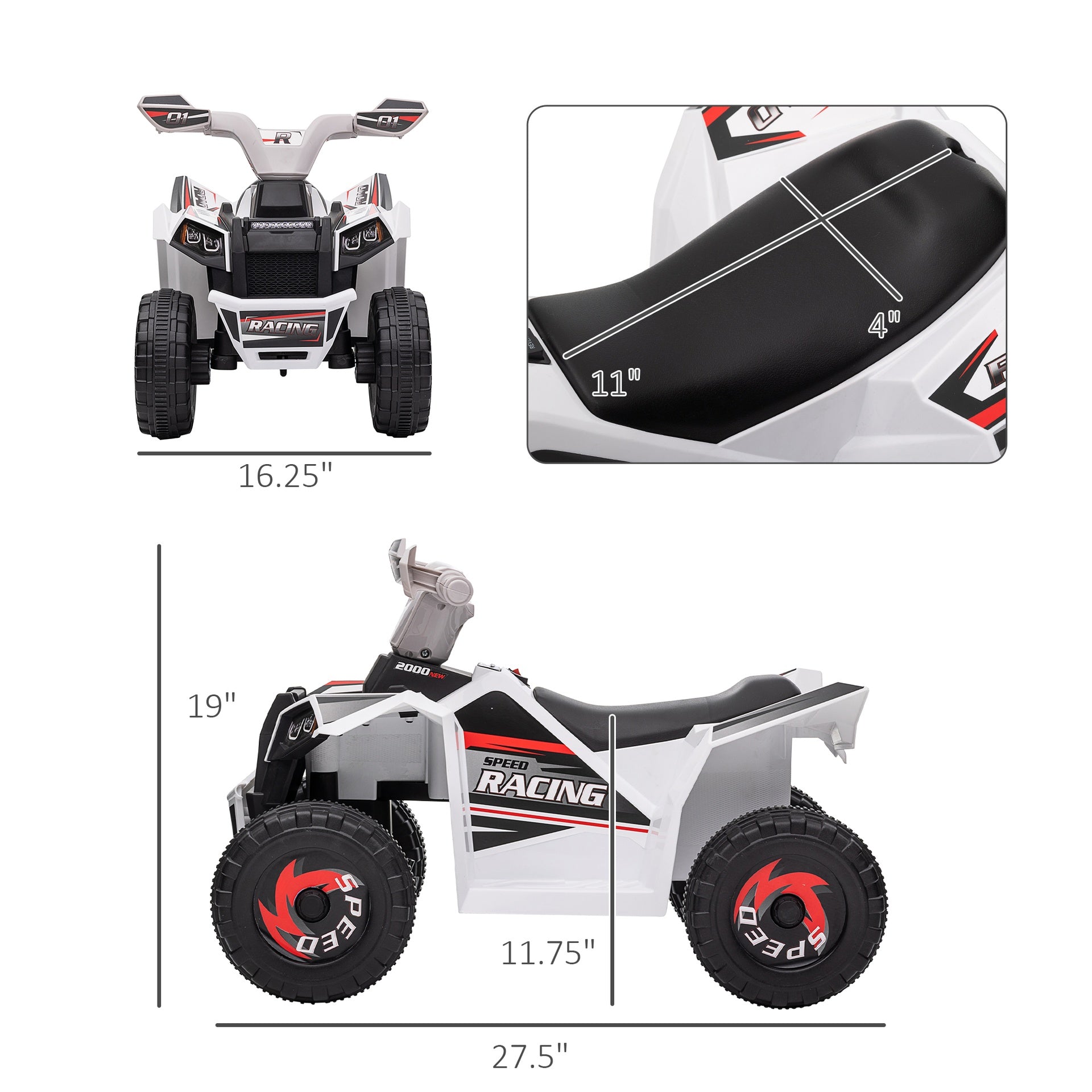 Kids ATV Quad Car, 6V Four-Wheeler for Kids with Forward Backward Function, Wear-Resistant Wheels for Toddlers Ages 18-36 Months, White