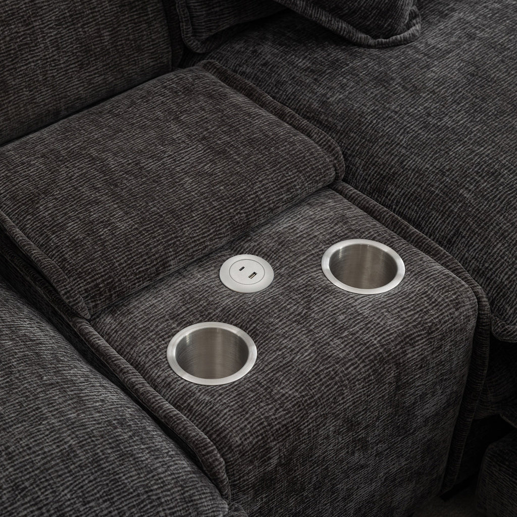 111" Sectional Sofa Chenille Upholstered Sofa with Two Removable Ottoman, Two USB Ports, Two Cup Holders and Large Storage Box for Living Room, Grey